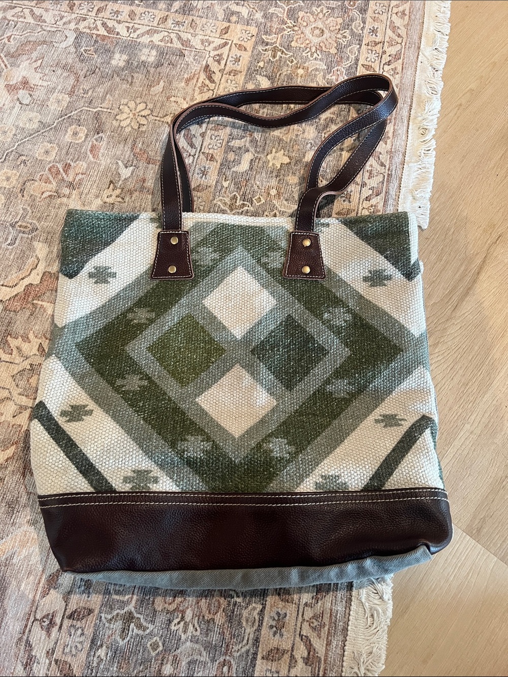 Myra Bag - Canvas Tote Bag with brown leather like handles